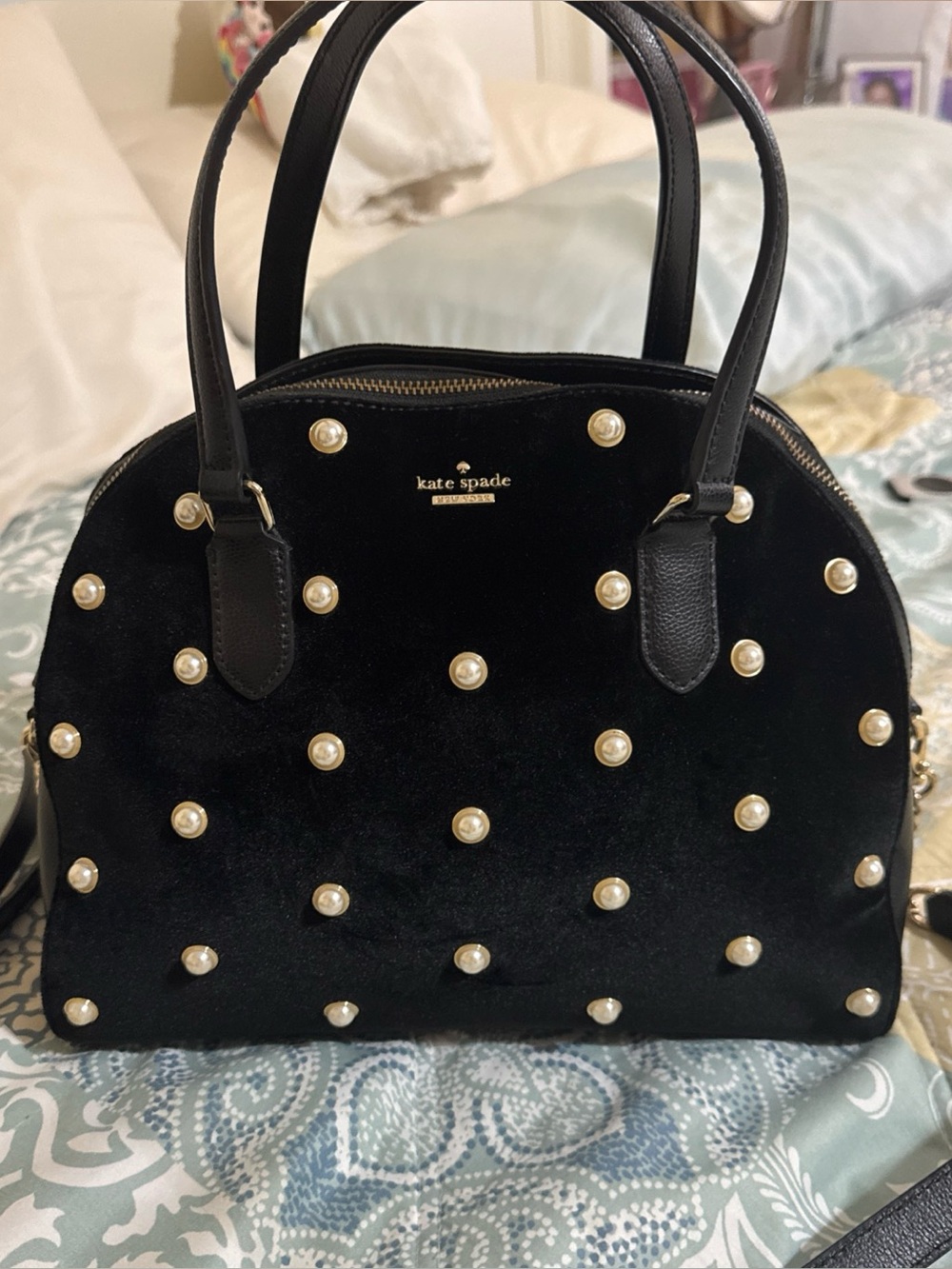 Kate Spade, Reily Laurel Way Black Velvet Pearl Stud Crossbody Satchel Handbag